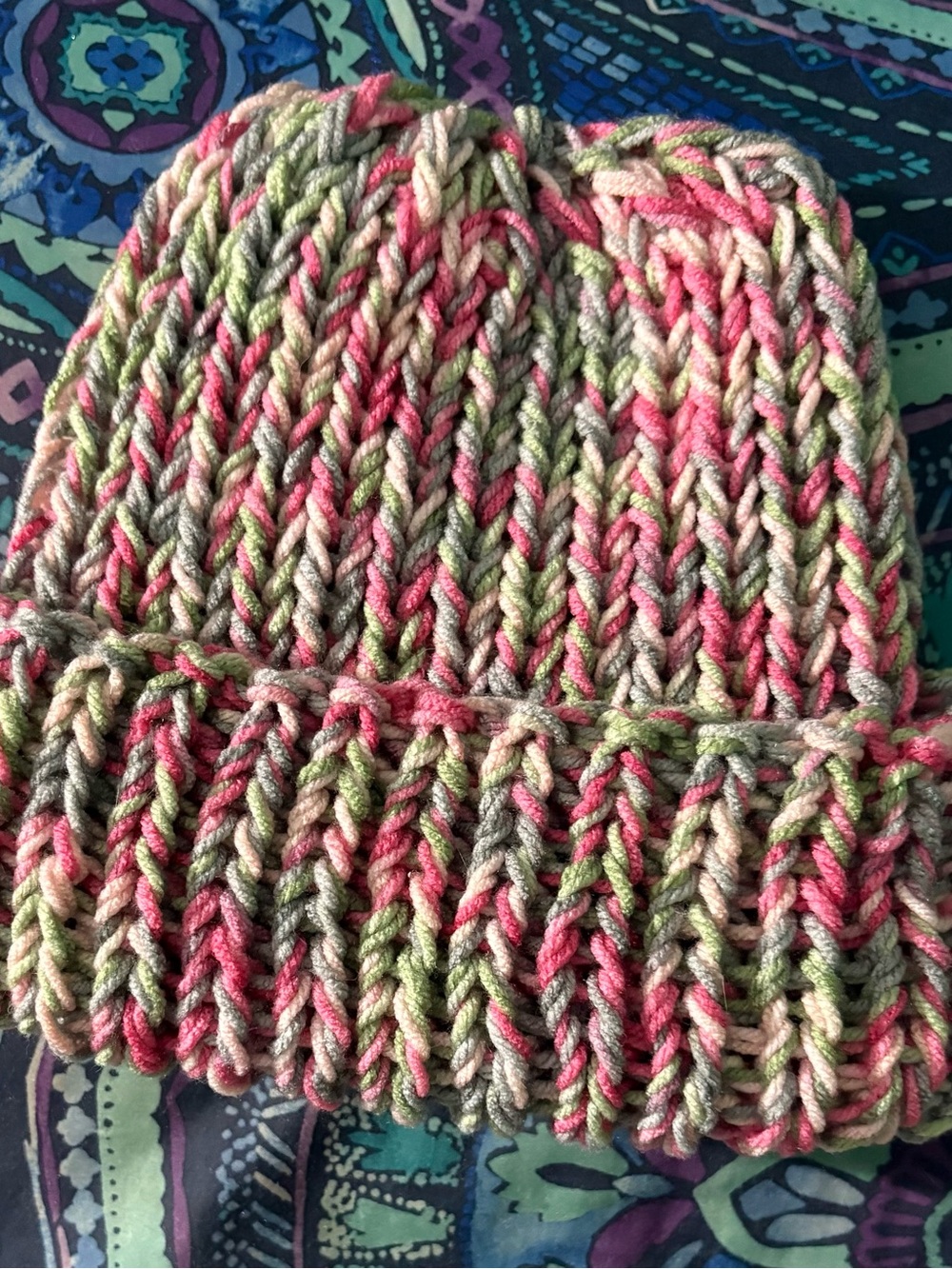 Multicolor Knit Beanie Hat - Pink Green